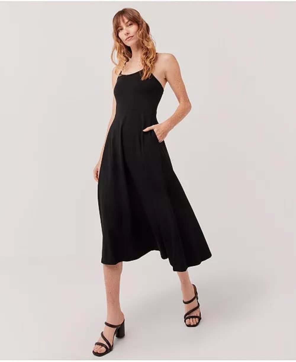 Pact Black Fit and Flare Midi Dress Strappy Back Pockets Size Small
